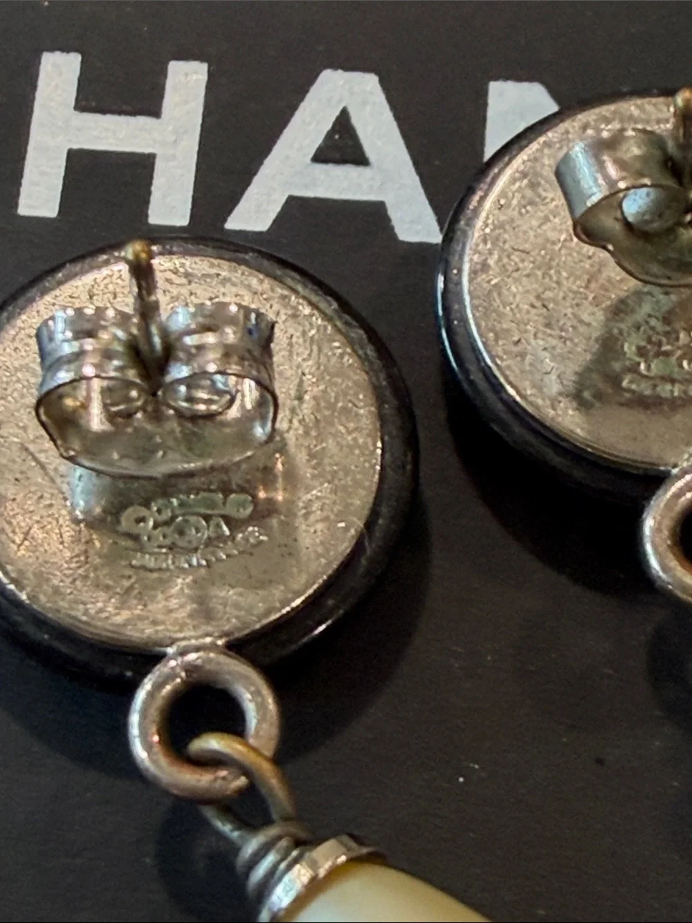 CHANEL Black Button and Cream Teardrop Pearl Drop Earrings